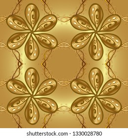 Vector illustration. Vector abstract background with repeating elements. Seamless damask classic golden pattern. Golden seamless pattern on yellow and brown colors with golden elements.