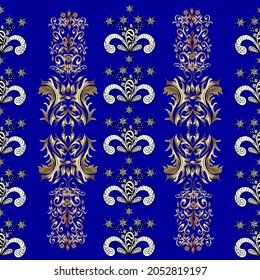 Vector illustration. Vector abstract background with repeating elements. Seamless damask classic golden pattern. Golden seamless pattern on white, black and blue colors with golden elements.