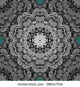 Vector illustration. Vector abstract background with repeating elements. Seamless damask classic white pattern. Golden seamless pattern on blue background with white elements.