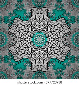 Vector illustration. Vector abstract background with repeating elements. Seamless damask classic white pattern. Golden seamless pattern on blue background with white elements.
