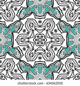 Vector illustration. Vector abstract background with repeating elements. Seamless damask classic white pattern. White seamless pattern on blue background with white elements.