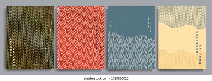 Vector illustration. Abstract background set. Japanese pattern design. Geometric template collection. Traditional of Japan. Asian poster concept. Vintage art. 70s, 80s retro graphic.