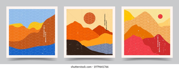 Vector illustration. Abstract background set. Japanese pattern. Geometric template collection. Traditional of Japan. Asian concept. Vintage art. Design for social media template, web banner.