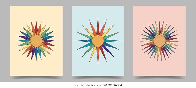 Vector illustration. Abstract background set. Contemporary art. Design elements for poster, book cover, postcard, magazine, leaflet, layout. 60s, 70s retro graphic. Cartoon sun with colorful rays