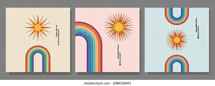 Vector illustration. Abstract background set. Contemporary art. Design elements for web banner, social media template, layout, card. 60s, 70s retro graphic. Rainbow and sun with colorful rays