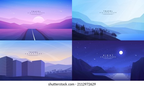 Vector illustration. Abstract background set. Minimalist style. Flat concept. Landscape collection. Road between mountains, misty forest, cityscape near natural parkland, night scene with moonlight.