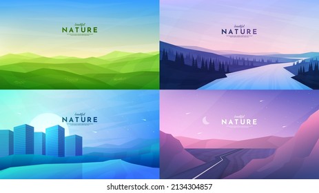Vector illustration. Abstract background set. Minimalist style. Flat concept wallpapers. Landscape collection. Green meadow, mountain river in forest, city buildings, road between hills. Web banner
