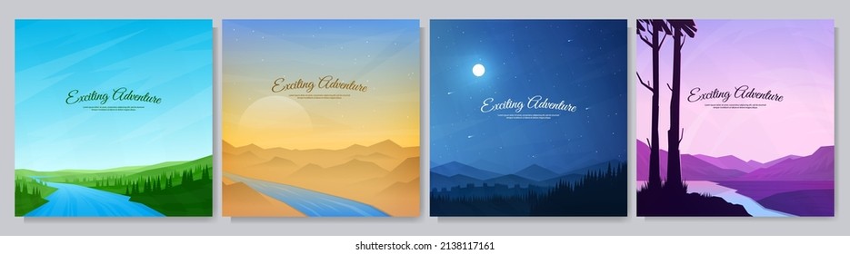 Vector illustration. Abstract background set. Minimalist style. Flat concept wallpapers. Landscape collection. Green meadow with water stream, desert, night with moonlight, sunset evening scene