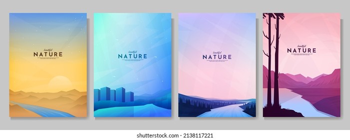 Vector illustration. Abstract background set. Minimalist style. Flat concept wallpapers. Landscape collection. Design for poster, book or magazine cover, layout, brochure. Nature scene with clear sky