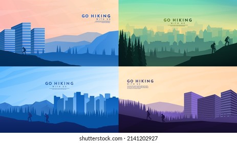 Vector illustration. Abstract background set. Flat concept wallpapers. Landscape collection. Design website template, web banner. Man and woman hikes with backpack. Tourist in park near city buildings