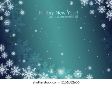 Vector illustration of abstract background with snowflakes for holiday. Template for invitations, congratulations, advertisements. Glowing big snowflakes on the dark blue gradient background.