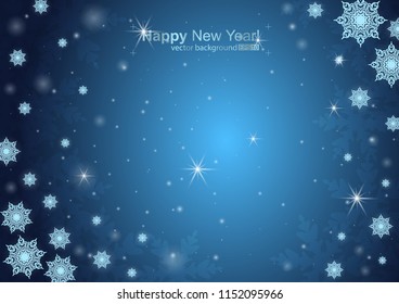 Vector illustration of abstract background with snowflakes for holiday. Template for invitations, congratulations, forms. Glowing big and small snowflakes on the dark blue gradient background.