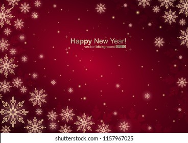 Vector illustration of abstract background with snowflakes for holiday. Template for invitations, congratulations, advertisements. Glowing big and small snowflakes on the dark red gradient background.