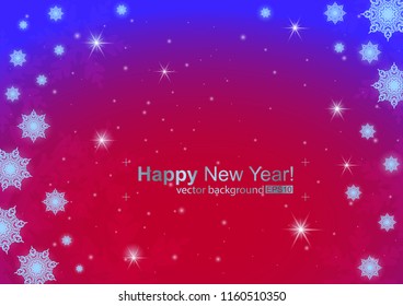 Vector illustration of abstract background with snowflakes for holiday. Template for invitations, congratulations, forms. Glowing big and small snowflakes on the dark red gradient background.