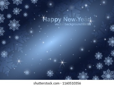 Vector illustration of abstract background with snowflakes for holiday. Template for invitations, congratulations, banners. Glowing big and small snowflakes on the dark blue gradient background.