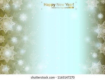 Vector illustration of abstract background with snowflakes for holiday. Template for invitations, congratulations, forms. Glowing snowflakes on the light brown and green gradient background.