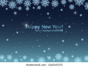 Vector illustration of abstract background with snowflakes for holiday. Template for invitations, congratulations, posters. Glowing big and small snowflakes on the dark blue gradient background.