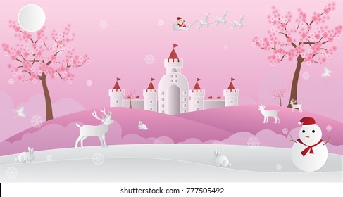 Vector illustration abstract background with Snowman Sakura tree Santa Claus Rabbits Butterfly  Reindeer and Castle.Paper art concept.