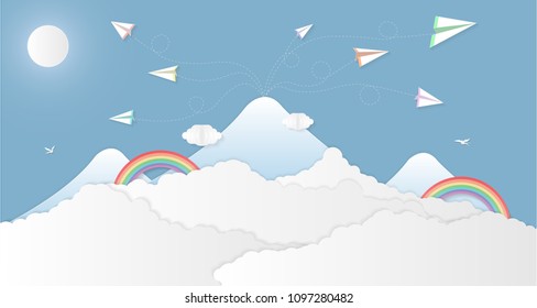 Vector illustration abstract background with Sun Airplane Mountain and Rainbow.Paper art concept.