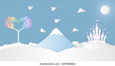 Vector illustration abstract background with Sun Airplane Castle Mountain and Heart Tree.Paper art concept.