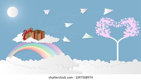 Vector illustration abstract background with Sun Airplane Box Heart Tree Cloud and Rainbow.Paper art concept.

