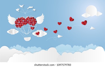 Vector illustration abstract background with Sun Airplane Balloon Clouds and Hearts.Paper art concept.