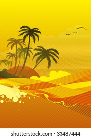 Vector illustration of abstract background with sunrise on the ocean coast