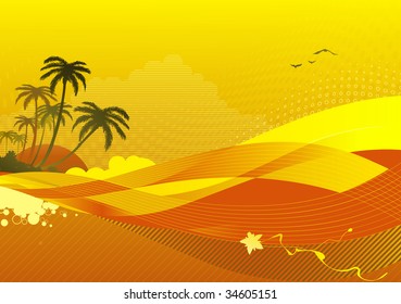 Vector illustration of abstract  background with sunrise on the ocean coast.