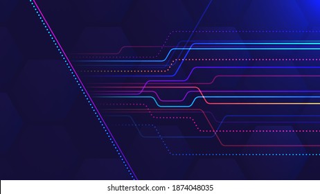 Vector illustration of abstract background with transparent hexagons and neon colored geometric lines for your design