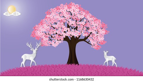 Vector illustration abstract background with Tree Flowers Sun and Deer.Paper art concept.