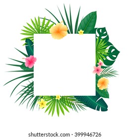 Vector Illustration of an Abstract Background with Tropical Leaves and Flowers