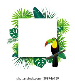 Vector Illustration of an Abstract Background with Tropical Leaves, Flowers and a Toucan