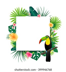 Vector Illustration of an Abstract Background with Tropical Leaves, Flowers and a Toucan