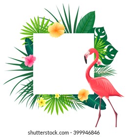 Vector Illustration of an Abstract Background with Tropical Leaves, Flowers and a Flamingo