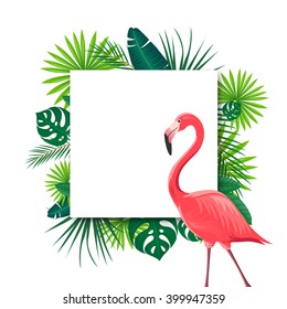 Vector Illustration of an Abstract Background with Tropical Leaves and a Flamingo