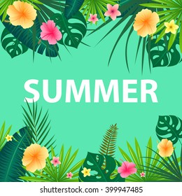 Vector Illustration of an Abstract Background with Tropical Leaves and Flowers