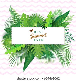 Vector Illustration of an Abstract Background with Tropical Leaves and modern brush lettering Summer theme