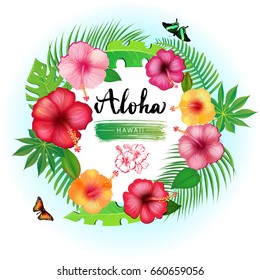 Vector Illustration of an Abstract Background with Tropical Leaves and modern brush lettering Aloha Hawaii