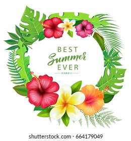 Vector Illustration of an Abstract Background with Tropical Leaves, Flowers and modern brush lettering Summertime theme