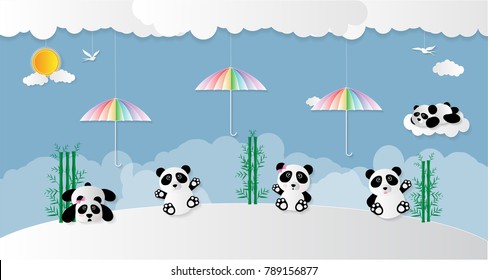 Vector illustration abstract background with Umbrella Panda Sun Balloon Rainbow Bird and Bamboo.Paper art concept.
