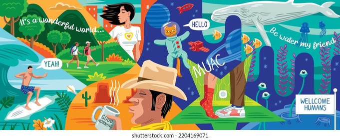 Vector illustration of an abstract background, very colorful, made up of different scenes and characters, combined with phrases and texts, which conveys a positive, fun and modern lifestyle.