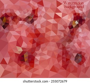 Vector illustration of abstract background from watermelon. Cut watermelon. Watermelon background. Watermelon close-up. Polygonal Mosaic. Triangular low poly style. Template for poster. EPS 8.
