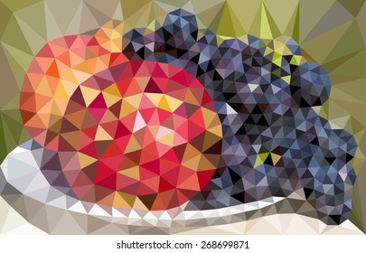 Vector illustration of abstract background from watermelon. Pomegranate and grapes. Still life. Polygonal Mosaic. Triangular low poly style. Template for poster. EPS 8.