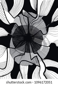 Vector illustration of abstract background with wavy black lines and gray round shapes.
