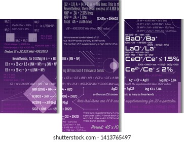 Vector illustration of the abstract banners with scientific background, triptych with phisical and chemical formulas