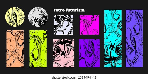 Vector illustration. Abstract banners set. Liquid marble texture style. Y2k concept with bright, acid colors. Element for design poster, cover, invitation, gift card, flyer, social media, promotion.
