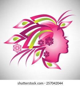 Vector illustration of abstract Beautiful stylized woman pink silhouette in profile with floral hair