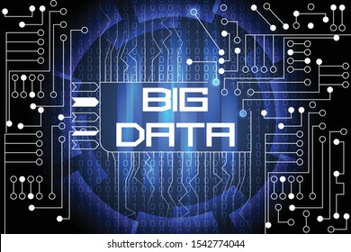 Vector illustration of the abstract big data connection complex with digital code and line on circuit board. Futurisctic graphic background with dark blue digital eyeball