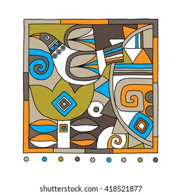 Vector illustration of an abstract bird, tulips and folk elements.