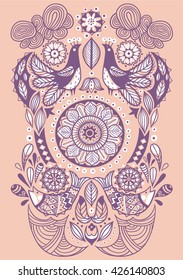 vector  illustration with abstract birds, fish and folk elements